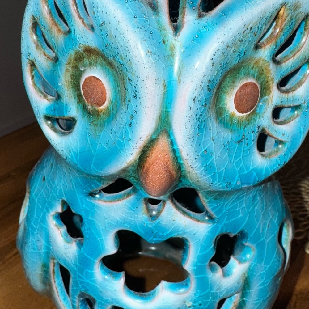 Teal Ceramic Owl Lantern Candle Holder – Crackle Glaze Finish - Picture 3 of 3